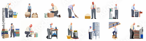 Paper Shredding and Recycling Process Illustrations: An Elderly Man Handling Documents, Waste, and Material Repurposing.