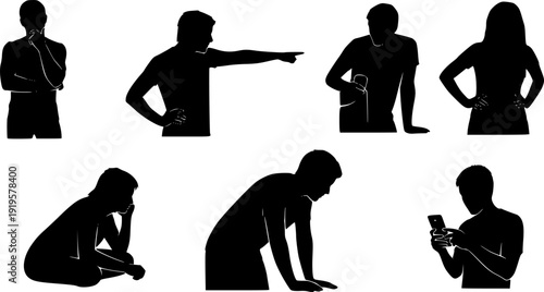 Human silhouette poses, thoughtful gesture, pointing hand, relaxed posture, mobile device use, black vector icons, body language illustration, isolated on white background