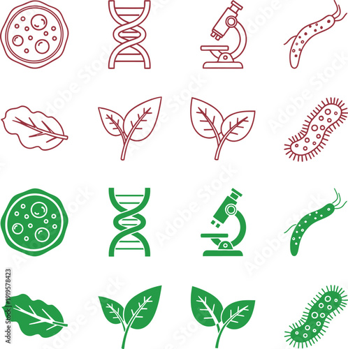 Green and red biology science including leaves bacteria and D N A