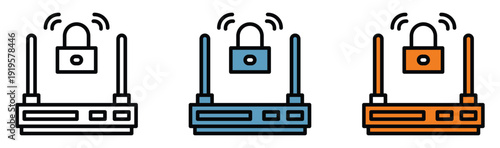 Secure wireless router icons with padlock and signal waves