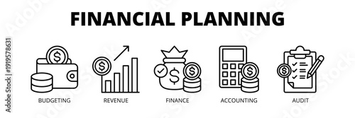 Financial Planning web banner icon vector illustration concept for financial strategy with icons of budgeting, revenue, finance, accounting and audit.