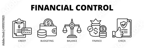Financial Control web banner icon vector illustration concept for budget control with icons of credit management, budgeting control, balance sheet management, finance monitoring and verification.