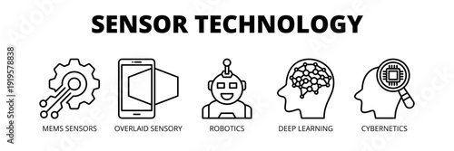 Sensor Technology web banner icon vector illustration concept for smart systems with icons of MEMS sensors, sensory systems, robotics, deep learning and cybernetics.