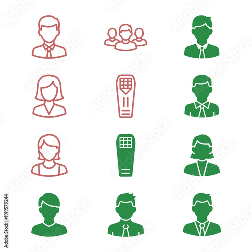 Green and red line of people and remote controls line silhouettes