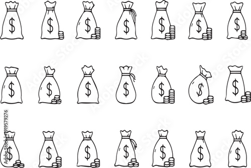 A collection of 20 unique money bag illustrations with dollar signs