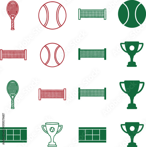 Green and red tennis including rackets balls nets and trophies trophy