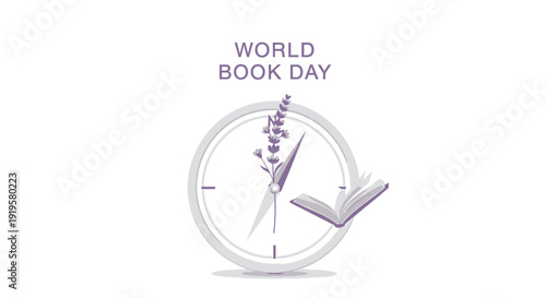 World Book Day clock icon with book and lavender