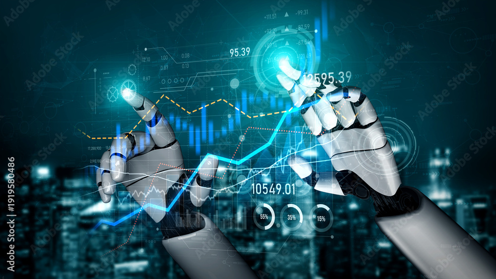 Fototapeta premium Captivating image of robot hands engaging with dynamic data visualization and financial graphs, symbolizing advanced technology and investment analytics in a modern setting. Scalp