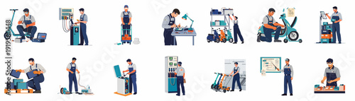 Skilled technicians performing electric scooter and battery maintenance, repair, and charging operations, highlighting sustainable urban mobility solutions and green energy management.