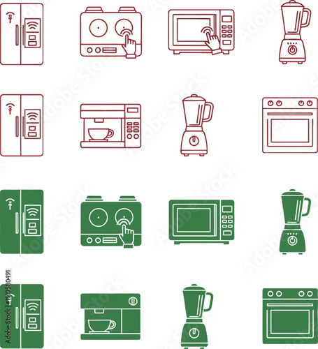 Kitchen appliances in red and green refrigerator microwave blender