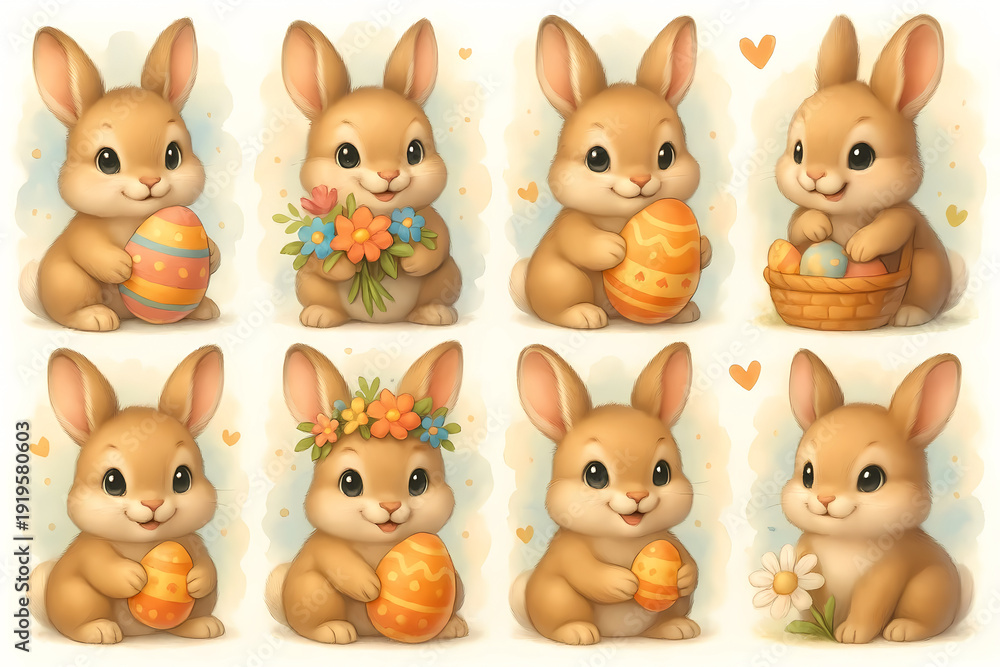 Obraz premium set of cute easter bunny, eggs and flowers, decorative elements, clipart, graphic design illustration 
