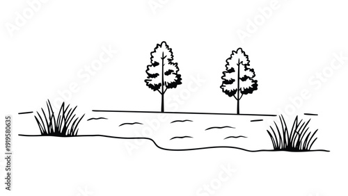 Minimal Architectural Tree Line Drawing, Wetland Forest Section Side View Vector