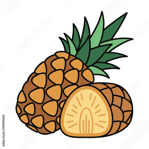 Two cut pineapples with green leaves and exposed yellow flesh