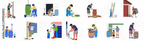 DIY Rain Barrel System: Father and Son Working Together on Sustainable Water Harvesting and Home Improvement Projects.