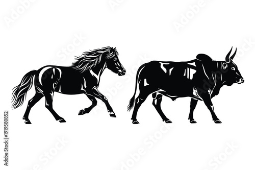 Horse and bull silhouette in dynamic poses