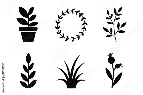 Botanical elements: potted plant, wreath, branches