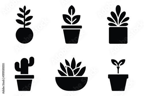 Set of Black Potted Plant Icons for Home Decor and Gardening