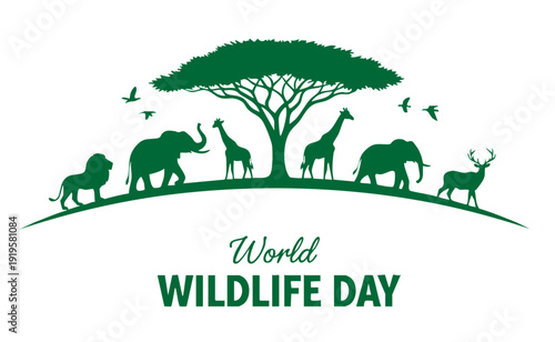 World Wildlife Day illustration featuring a silhouette of a large acacia tree with diverse animals below, including a lion, elephant, and giraffe