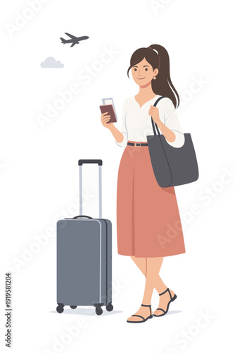 Young woman heading to resort with suitcase and passport modern editorial fashion lifestyle vector illustration