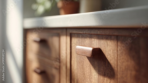 Close-up of a wooden cabinet with two drawers. the cabinet appears to be made of light-colored wood and has a smooth finish. the drawers have metal handles and are slightly recessed into the cabinet.