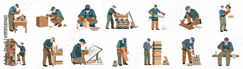 Senior craftsman enjoying woodworking, building birdhouses, sawing, drilling, and planning with wood planks, embodying skilled manual labor and a fulfilling hobby.