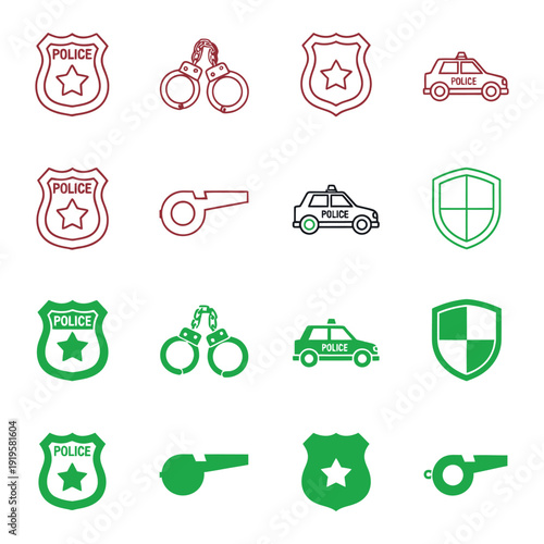 Police in red green and black on white background badge handcuffs shield