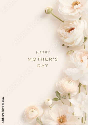Minimal Mother’s Day greeting card with soft botanical peonies and ranunculus along edges, warm ivory background, airy layout with “Happy Mother’s Day” in elegant serif, subtle gold foil