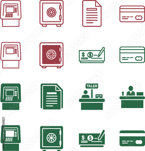 Red and green bank including A T Ms safes documents and people behind counters finance