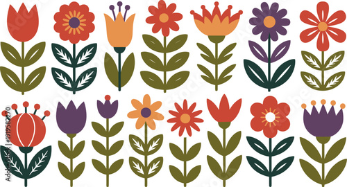 Vibrant Retro Folk Art Flowers Pattern Design - A Cheerful Springtime Floral Illustration