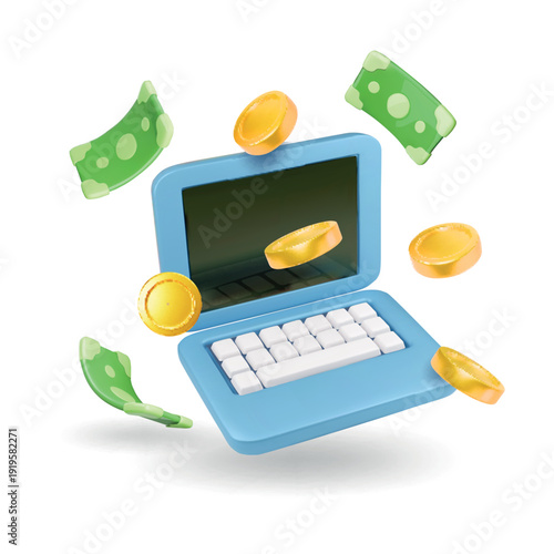 Making money via internet online income 3d web banner design template vector illustration. Internet business e commerce cyberspace financial wealth analyzing use laptop digital technology