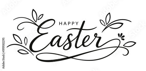 Happy Easter logo design with elegant floral leaves and decorative flourishes