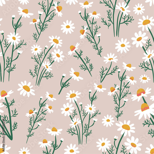 Cute seamless floral pattern with hand drawn white chamomile flowers.  Simple flat botanical vector illustration  for wrapping paper, textile fabric or wallpaper design.