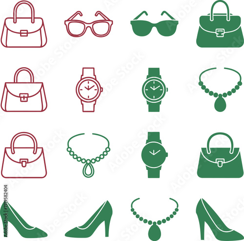 Red and green fashion including handbags watches jewelry shoes and glasses fashion handbags