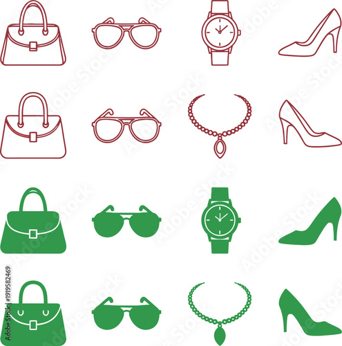 Red and green fashion on white background fashion red green handbag purse glasses watch heel