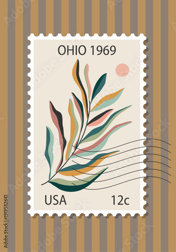 Retro Floral Postage Stamp Poster 1960s Style Vector Illustration