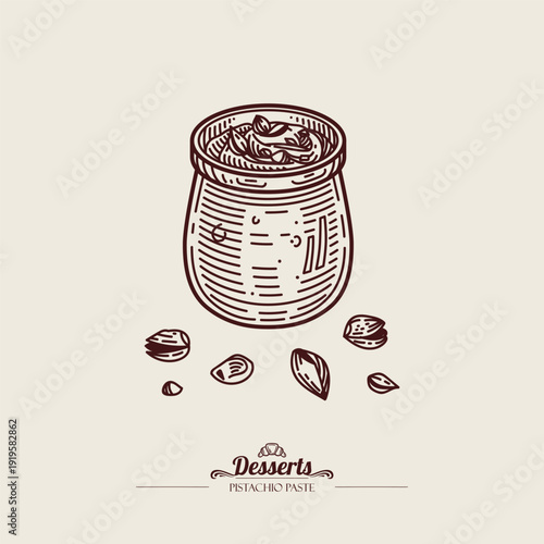 Pistachio paste in a glass jar. Pistachio nuts in the shell. Vintage line illustration. Line art, sketch style. Vector hand drawn