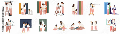 Mother and daughter bonding through DIY home improvement projects: installing curtains, measuring, and using tools, creating a cozy home together.