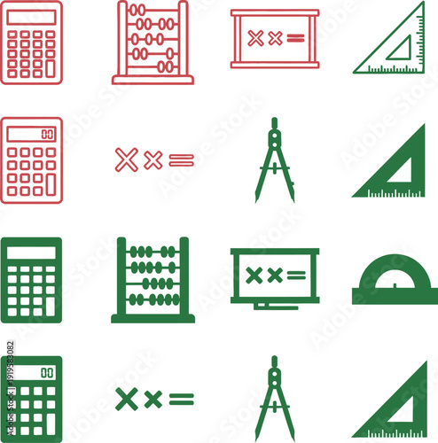 Red and green math on white background calculator abacus 1 computer triangle ruler compass
