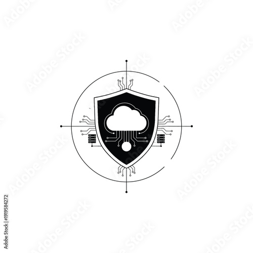 Secure Cloud Computing System with Data Protection shield vector Illustration