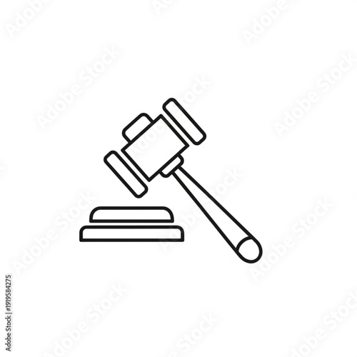 A minimalist line art illustration of a gavel and sound block, symbolizing justice and law