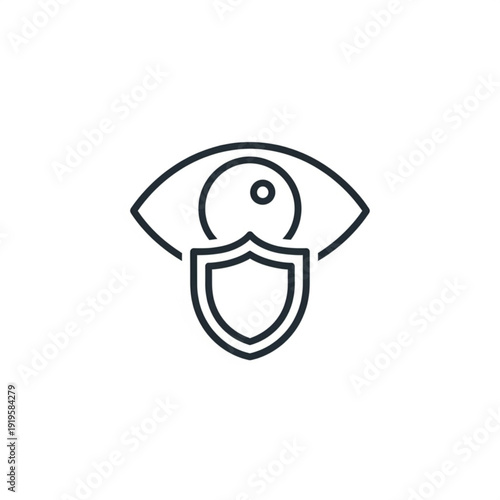 A minimalist vector graphic icon of an eye with a shield, symbolizing protection and security