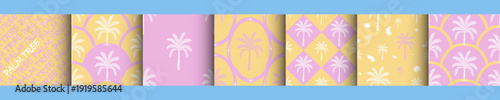 Palm tree, marine theme retro geometric seamless pattern, texture background set. Pink yellow and white Trendy swimwear design, ornament print, wrapping paper, greeting card