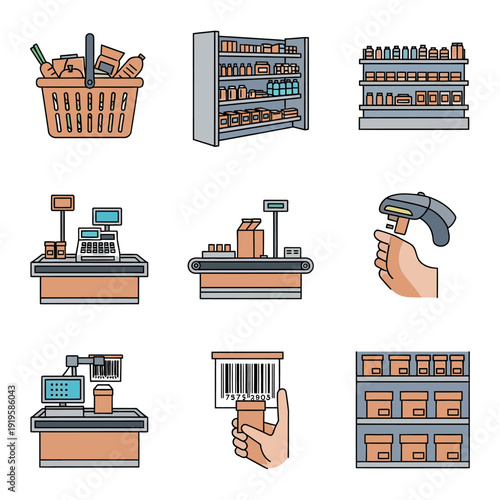 Supermarket shopping with basket shelves checkout and scanner