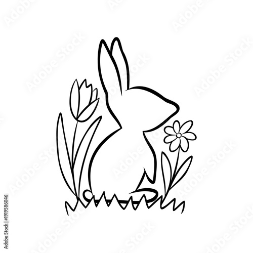 Minimalist bunny silhouette in grass with flowers, doodle line art style. Simple hand drawn rabbit outline for Easter designs, prints, cards, branding and decorative projects.