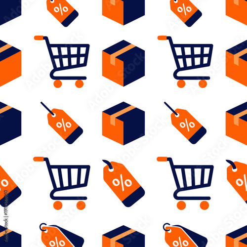 Seamless E Commerce Shopping Pattern Vector Cart Delivery Box Discount Tag Navy Orange