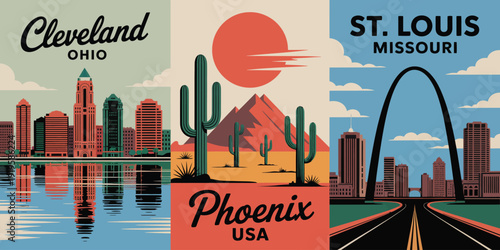 Cleveland Ohio Phoenix USA poster collection, vintage travel artwork featuring skyline script and southwest desert scene