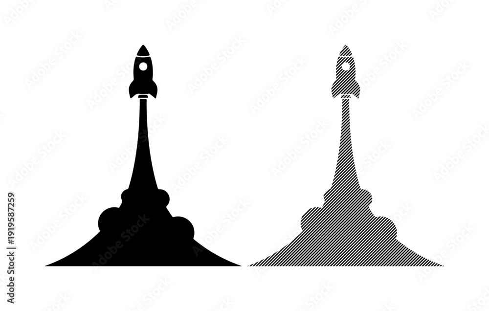 Ταπετσαρία Two stylized rockets launching with fiery plumes of smoke against a white backgr