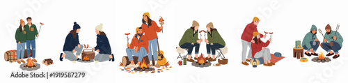 Cozy campfire moments with friends and couples enjoying outdoor cooking and autumn relaxation.