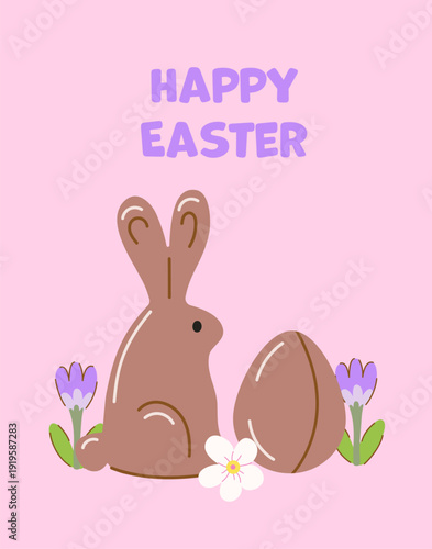 Easter bunny rabbit and hare with egg and spring flowers. Flat hand draw vector illustration in pastel colors with Happy Easter text