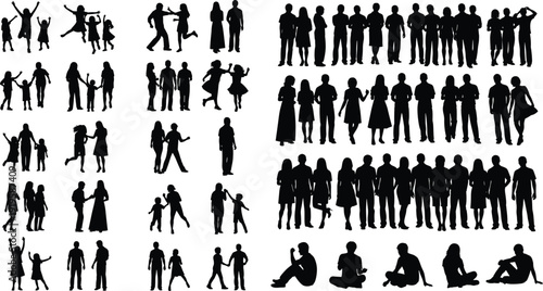 Large collection of diverse people silhouettes including jumping children families standing groups and individuals sitting in contemplation isolated on white background for social design.